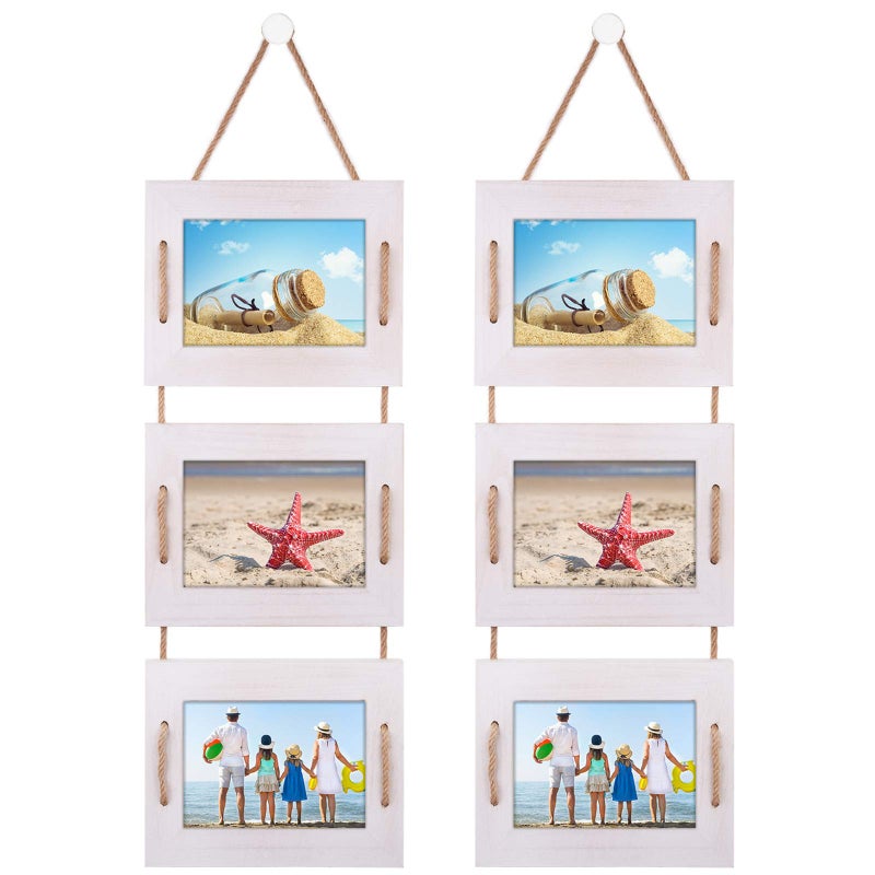 DLQuarts 5x7 Hanging Picture Frames Collage Wall Decor, 3-Frame Set, 3.5x5 with Mat or 5x7 Without Mat, Rustic Solid Wood Photo Frame Pack of 2 Vintage White - Image 1